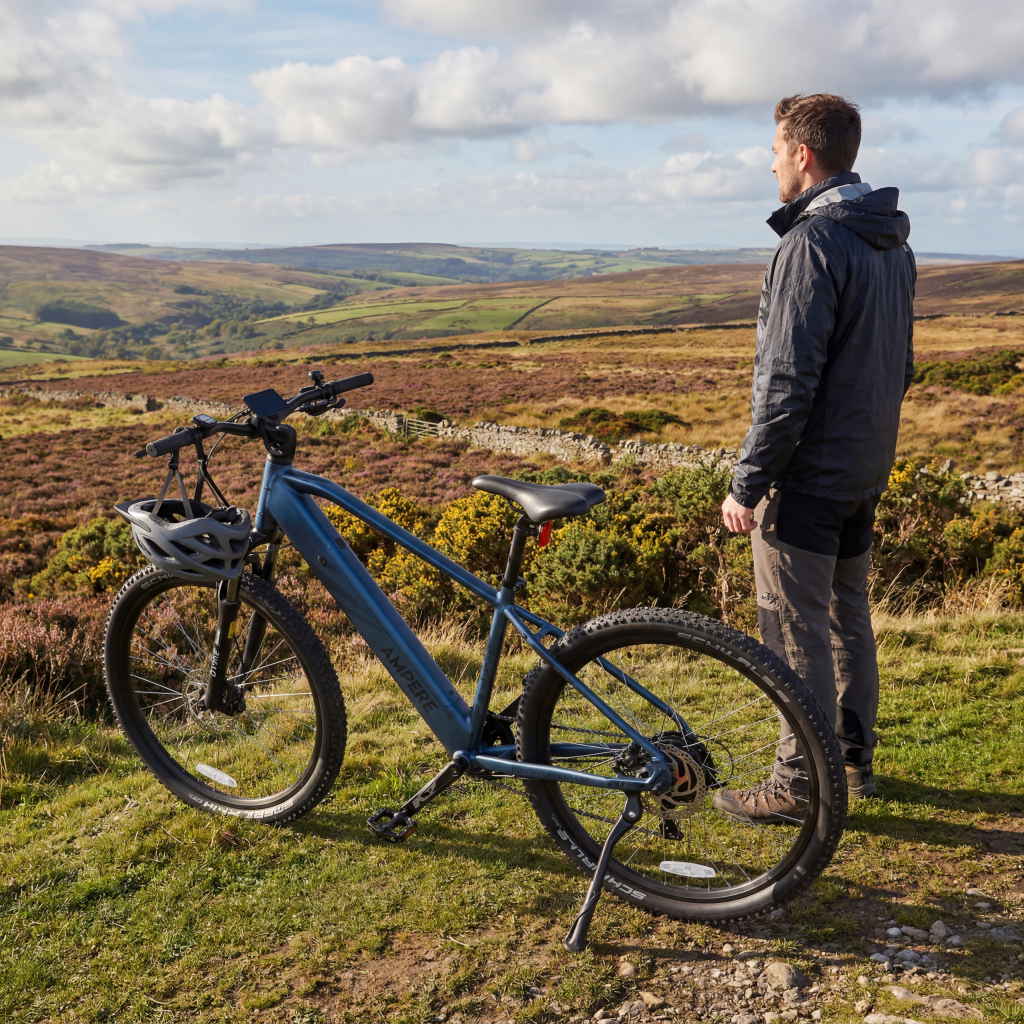 Cyclist with Ampere X-Trail Stone Blue Bike on Dartmoor. Best Electric Mountain Bikes UK 2026 Ampere Electric